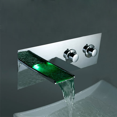 Couleur contemporain LED changeant Deux poignées cascade généralisée robinetterie de l'évier de salle de bains T8001F